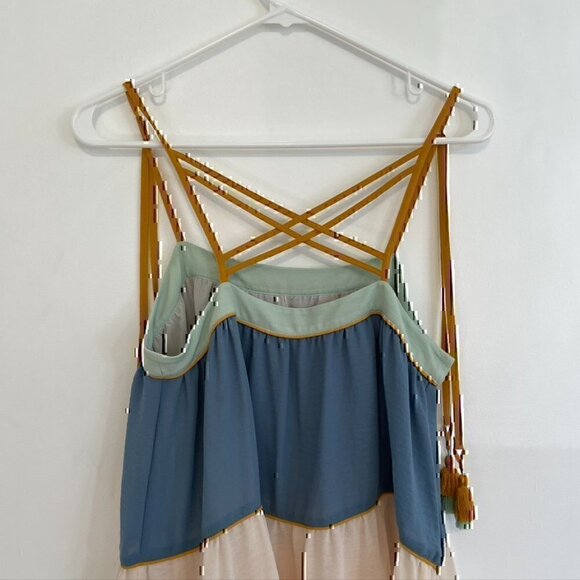 ANN TAYLOR LOFT Poolside Peplum Cami Cream Beige Blue Tassel Strappy Tank Blouse - Picture 11 of 12